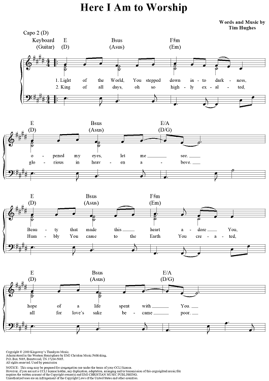 free printable sheet music for here i am to worship