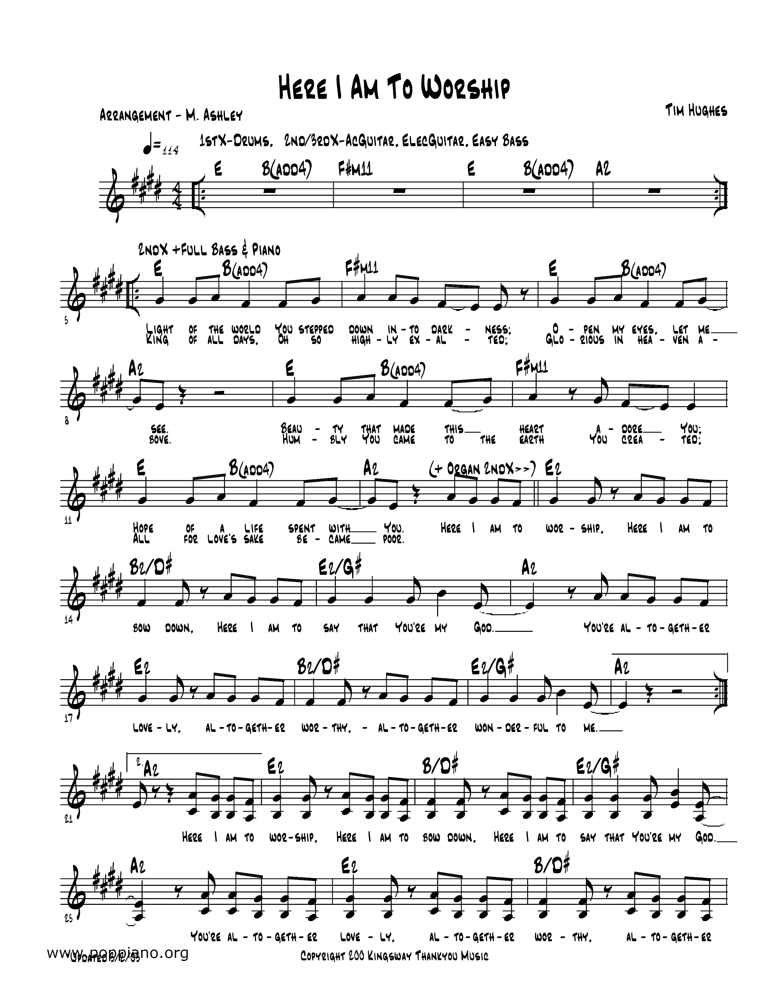 ☆ Here I Am To Worship | Sheet Music | Piano Score Free PDF ...