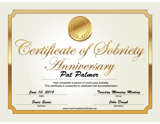 Sobriety Anniversary Certificate (Gold) Printable Certificate