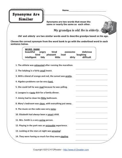 Synonyms Are Similar | 4th Grade Synonym Worksheets