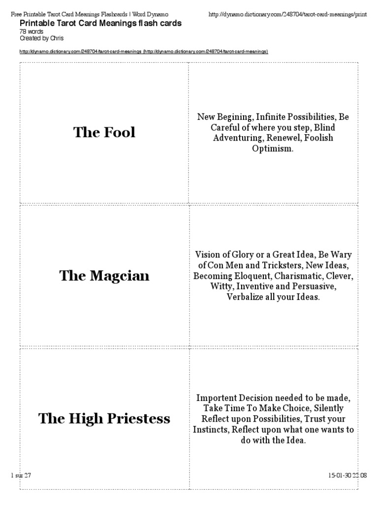 Free Printable Tarot Card Meanings Flashcards - Word Dynamo | PDF ...