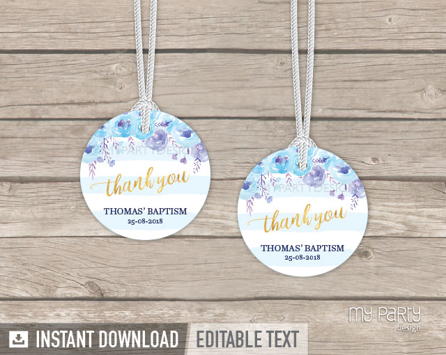 Floral Baptism Thank You Tags, Printable PDF - My Party Design