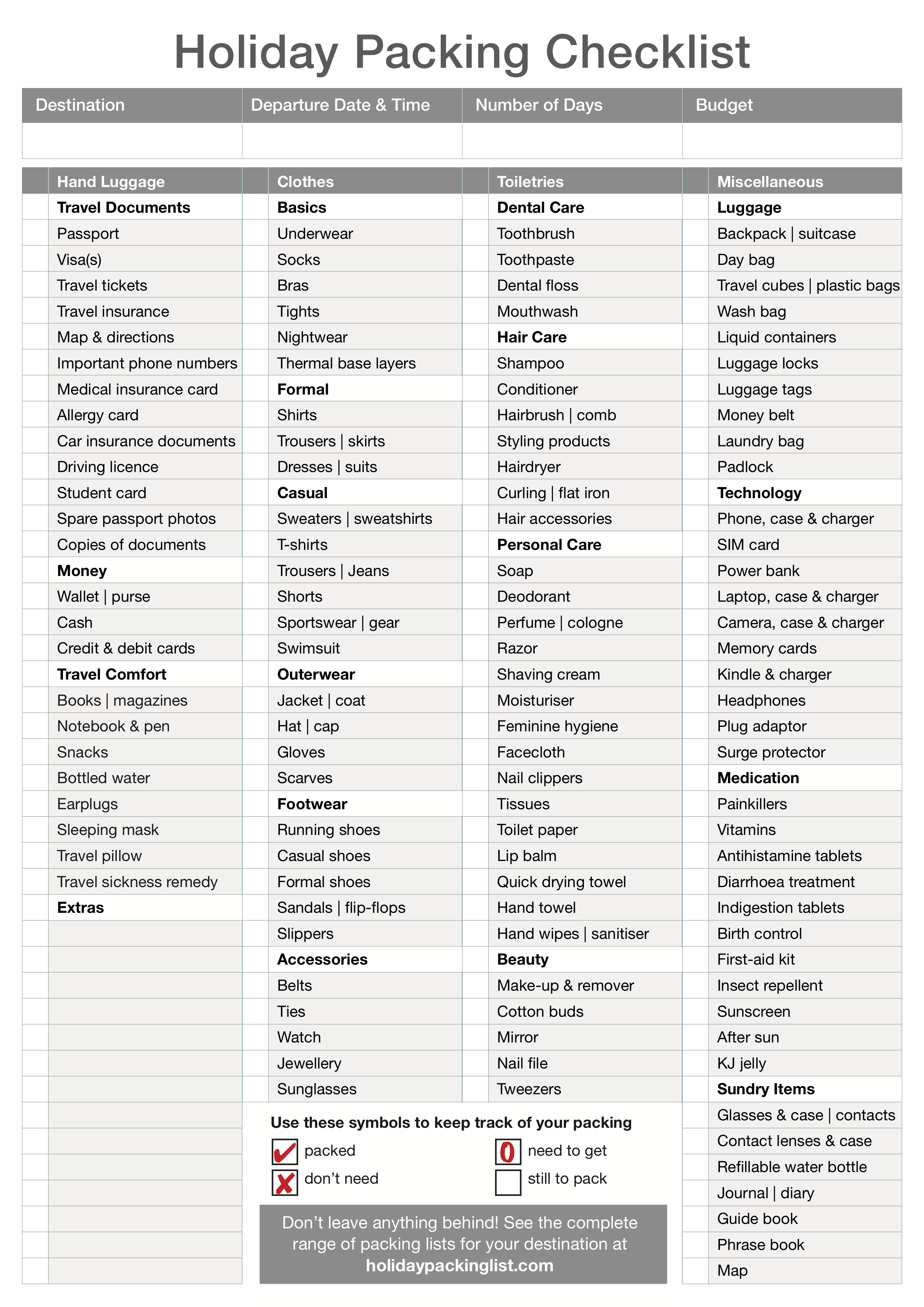 free printable travel packing list