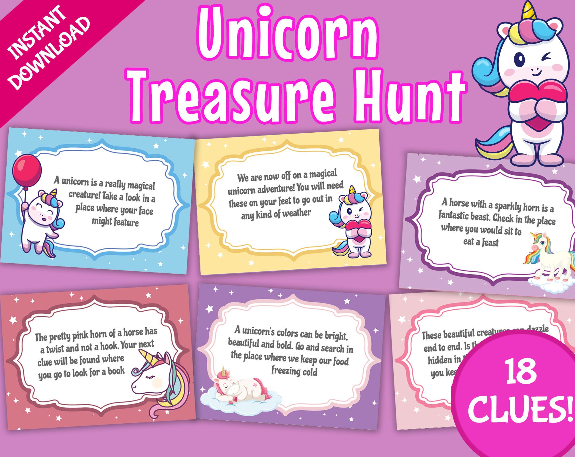 Unicorn Treasure Hunt for Kids, Unicorn Scavenger Hunt Clues ...