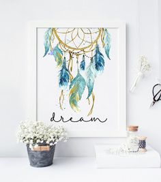 8 Teepee Dreamcatcher Antlers Wall Art Print Boho Blue Feather ...