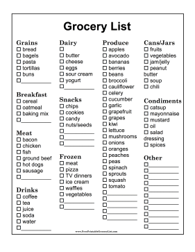free printable ultimate grocery list