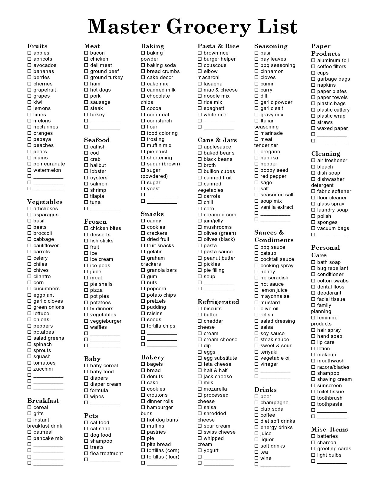 free printable ultimate grocery list
