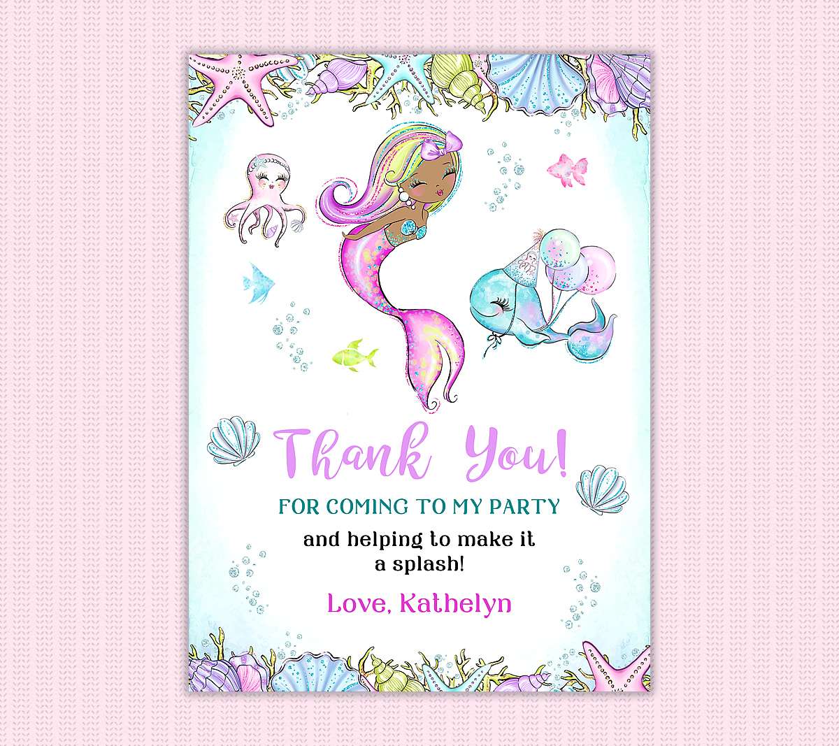 Mermaid and sea creatures thank you card - Perfect Party Prints ...