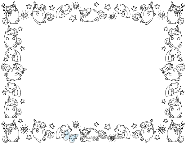 Printable Landscape Black And White Kawaii Unicorn Page Border