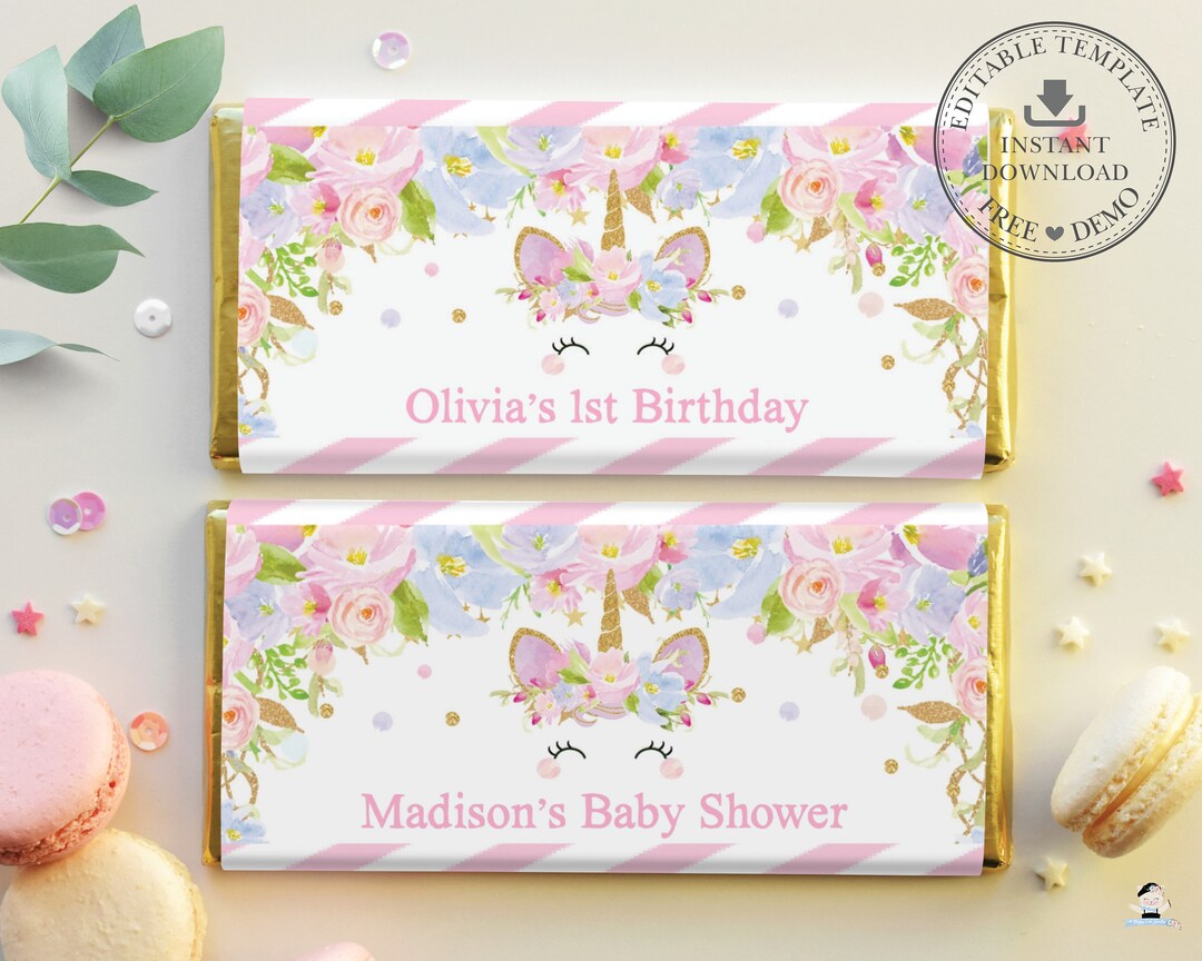 EDITABLE TEMPLATE, Unicorn Chocolate Bar Wrappers, Floral ...