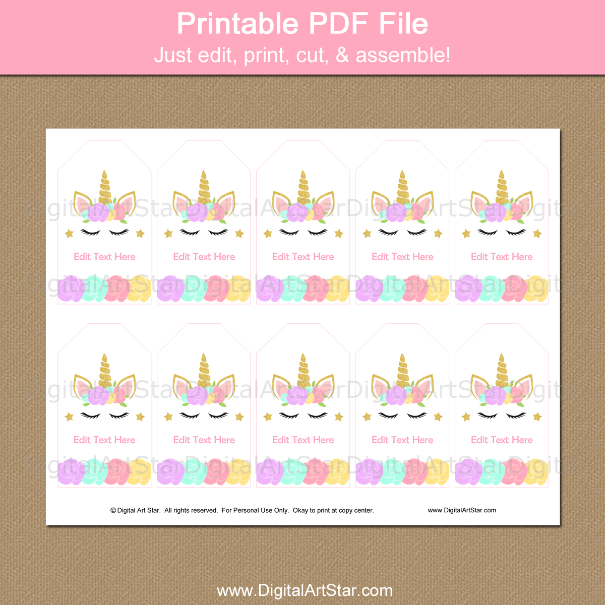 Printable Unicorn Party Favor Tags | Digital Art Star