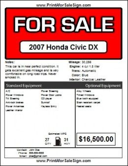 free printable vehicle for sale signs