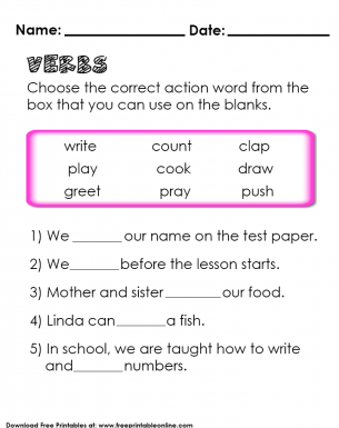 free printable verb worksheet