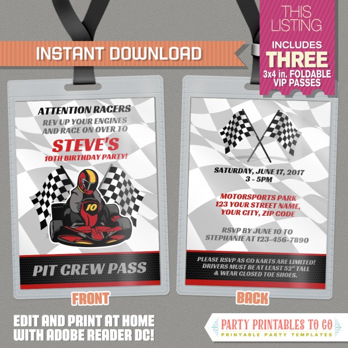 Go Kart Party VIP Pass Birthday Invitation