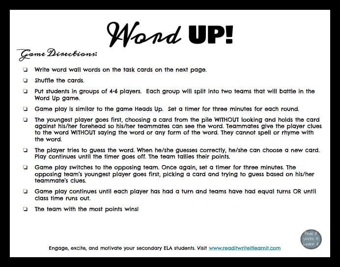 free printable vocabulary games for high school
