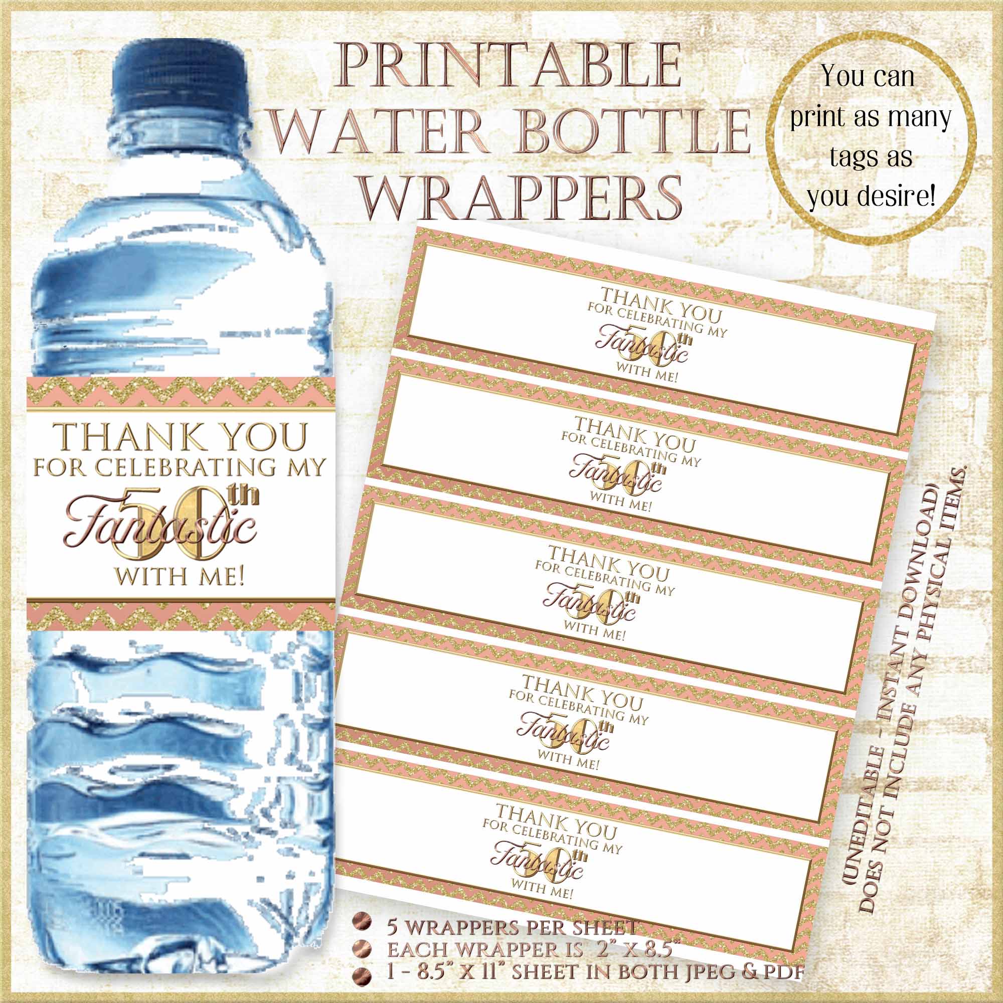 free printable water bottle labels pink and gold