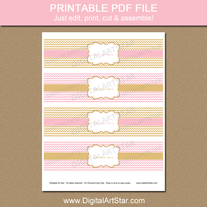 free printable water bottle labels pink and gold