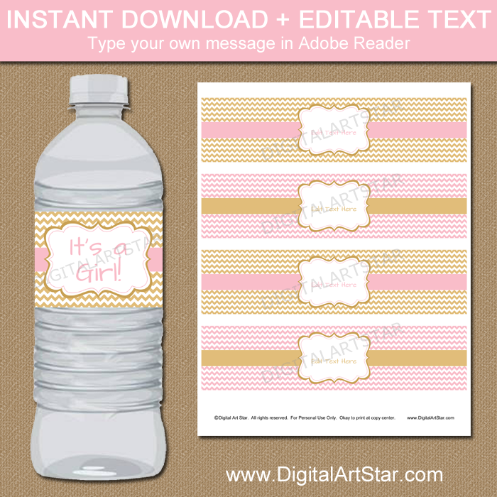 free printable water bottle labels pink and gold