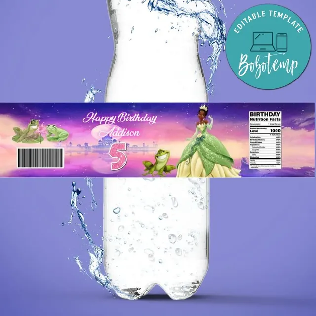 Princess Tiana Birthday Water Bottle Label Template DIY | Bobotemp