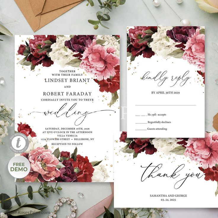 Blush Burgundy Wedding Invitation Template, Editable Deep Red ...