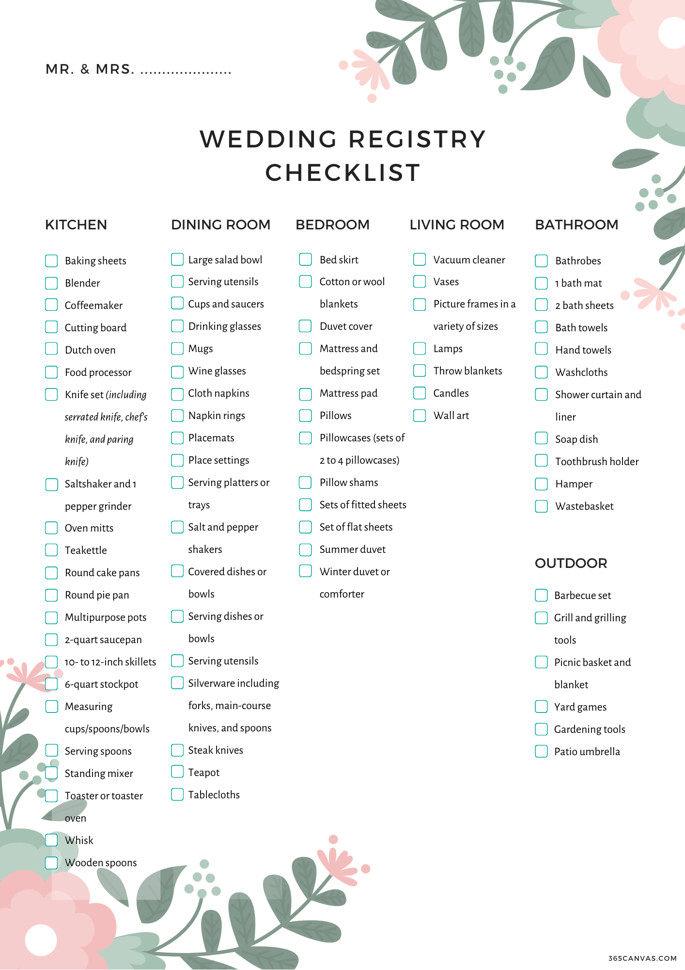 free printable wedding registry checklist