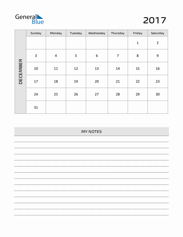 December 2017 Printable Monthly Calendar with Notes