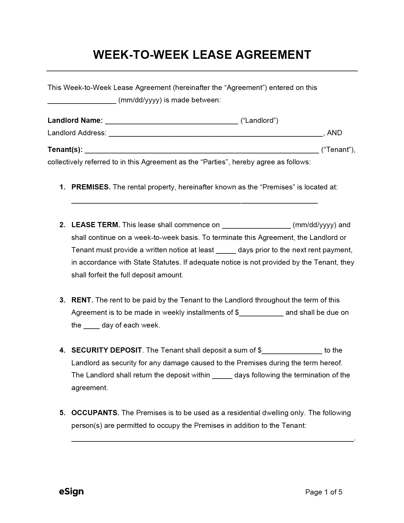 free printable weekly rental agreement