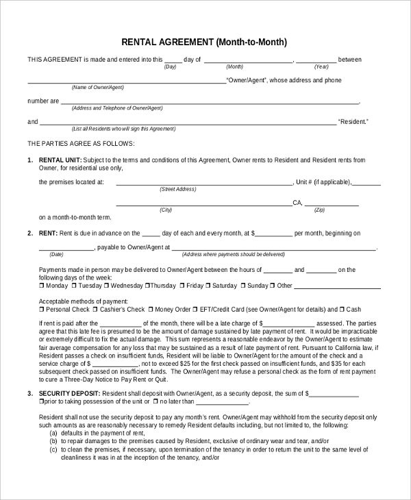 free printable weekly rental agreement