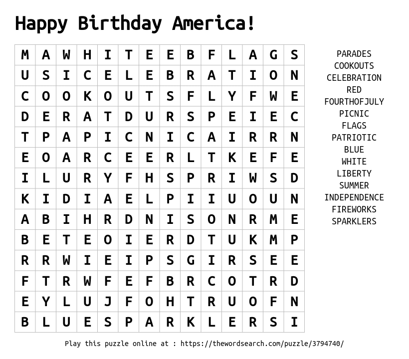 Download Word Search on Happy Birthday America!