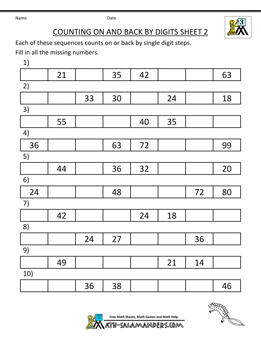 Counting on and back Worksheets 3rd Grade