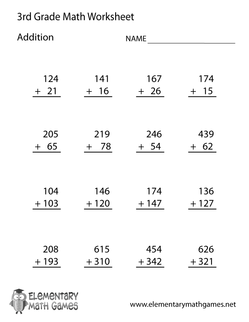 Free Printable Addition Worksheet for Third Grade