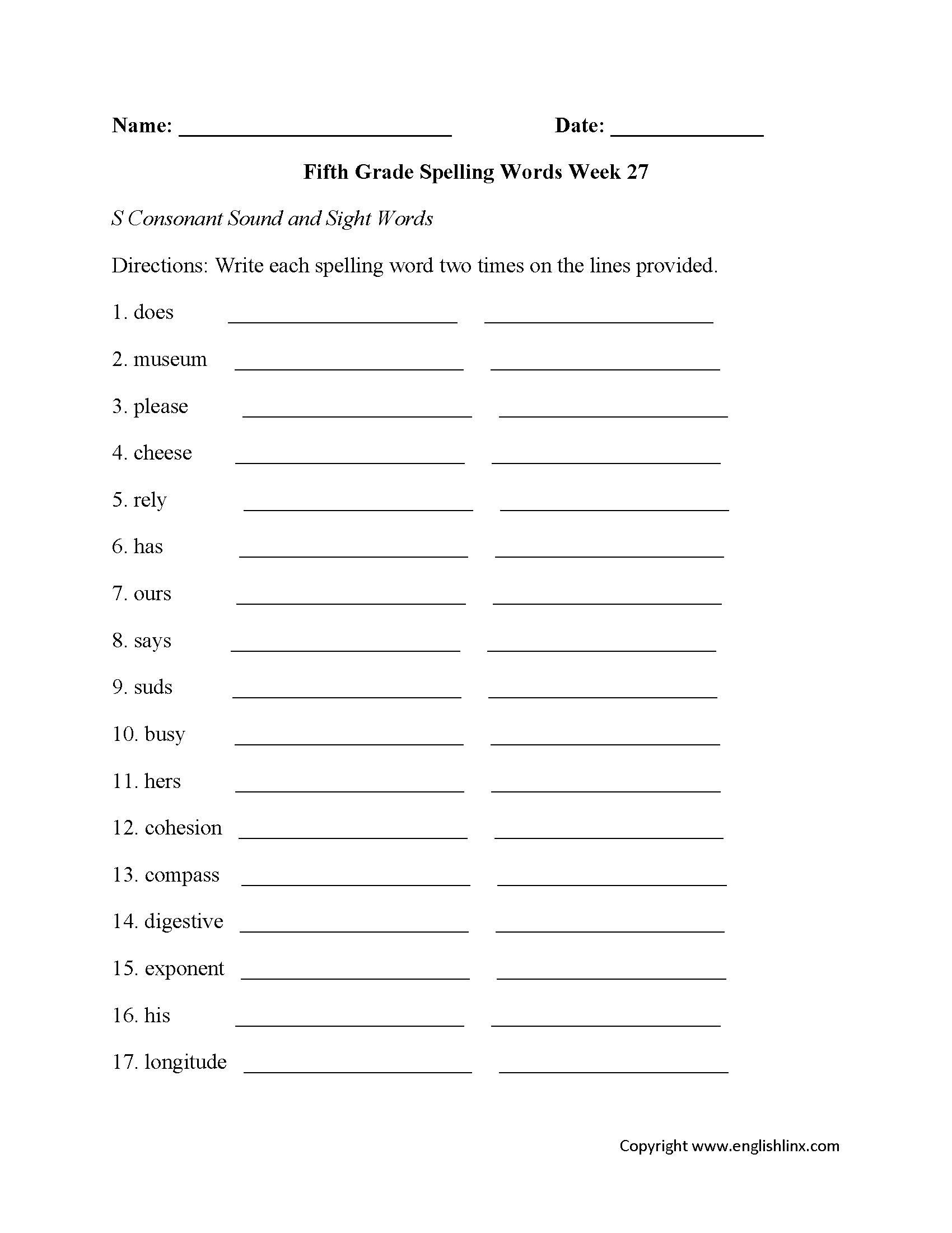 Spelling Worksheets | Fifth Grade Spelling Worksheets