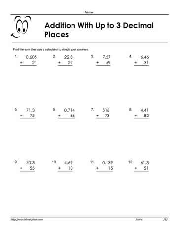free printable worksheets addition decimals