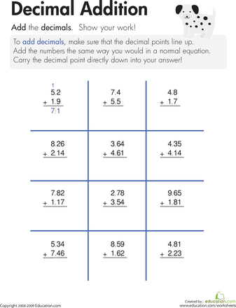 free printable worksheets addition decimals
