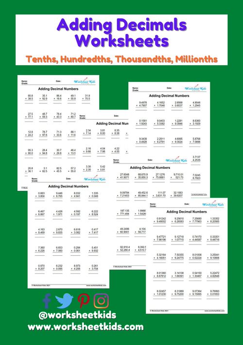 Decimal Addition Worksheets for Grades 4-6 : Free printable PDF