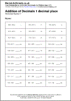 Addition of Decimals 1 decimal place Worksheets - Free Printable PDF