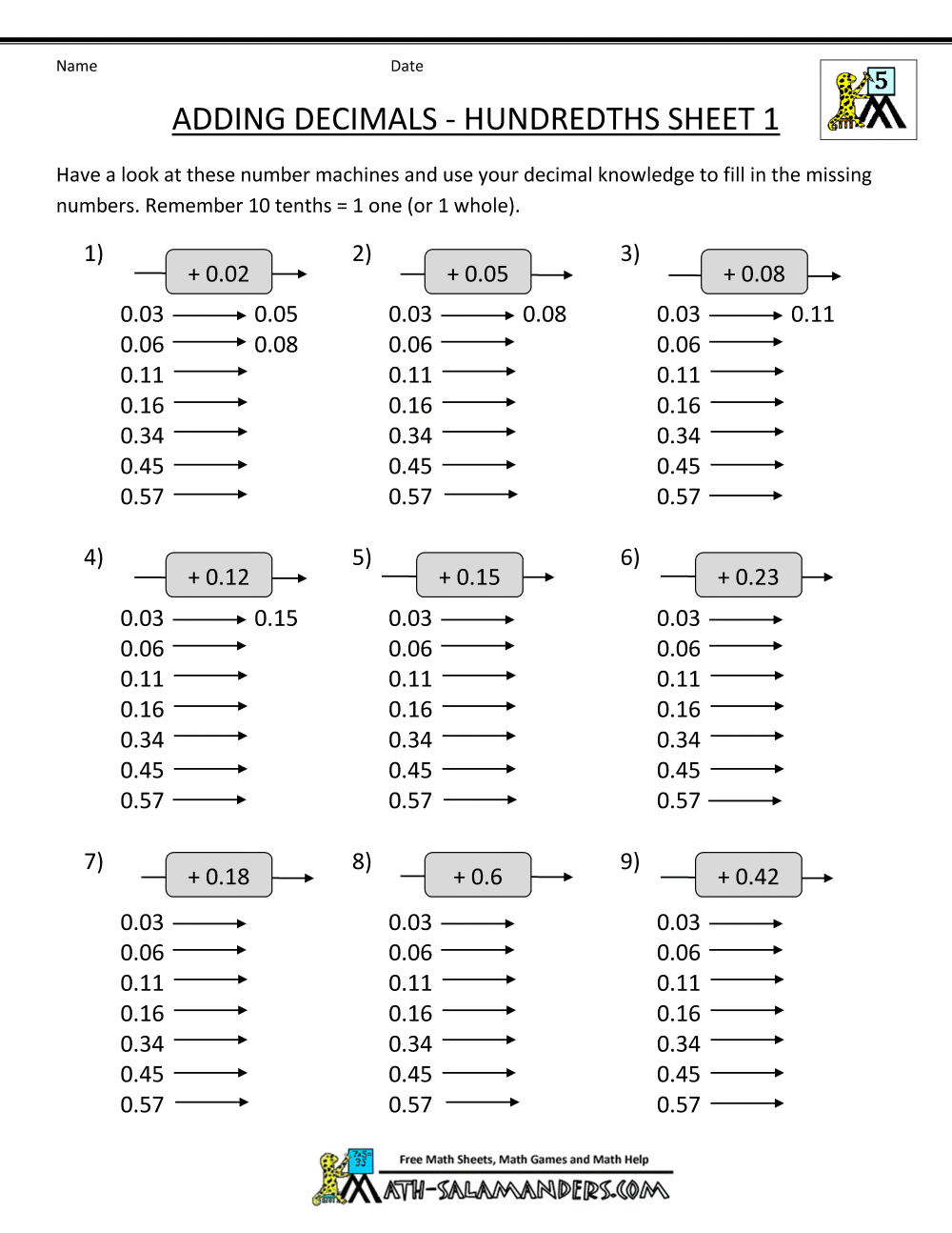 free printable worksheets addition decimals