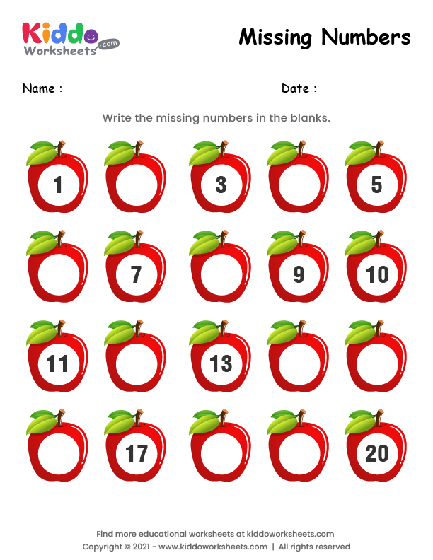 Free Printable Apple Missing Numbers 1-20 Worksheet - kiddoworksheets
