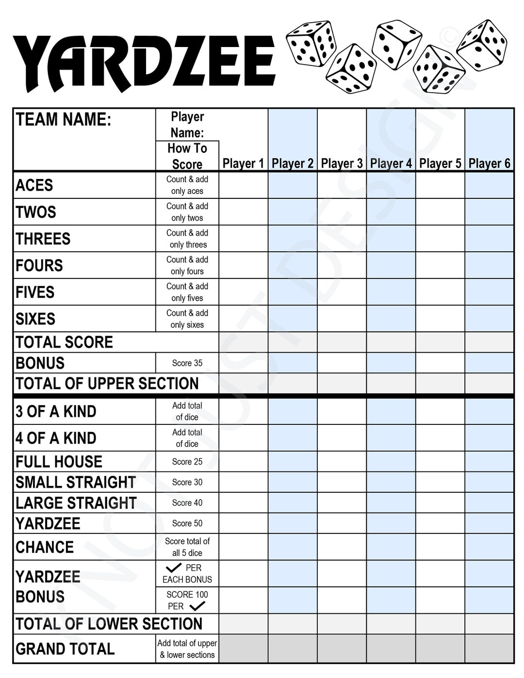 free printable yard dice games