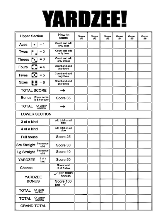 Printable 22x28 YARDZEE Score File-diy Yardzee Scorecard Digital ...
