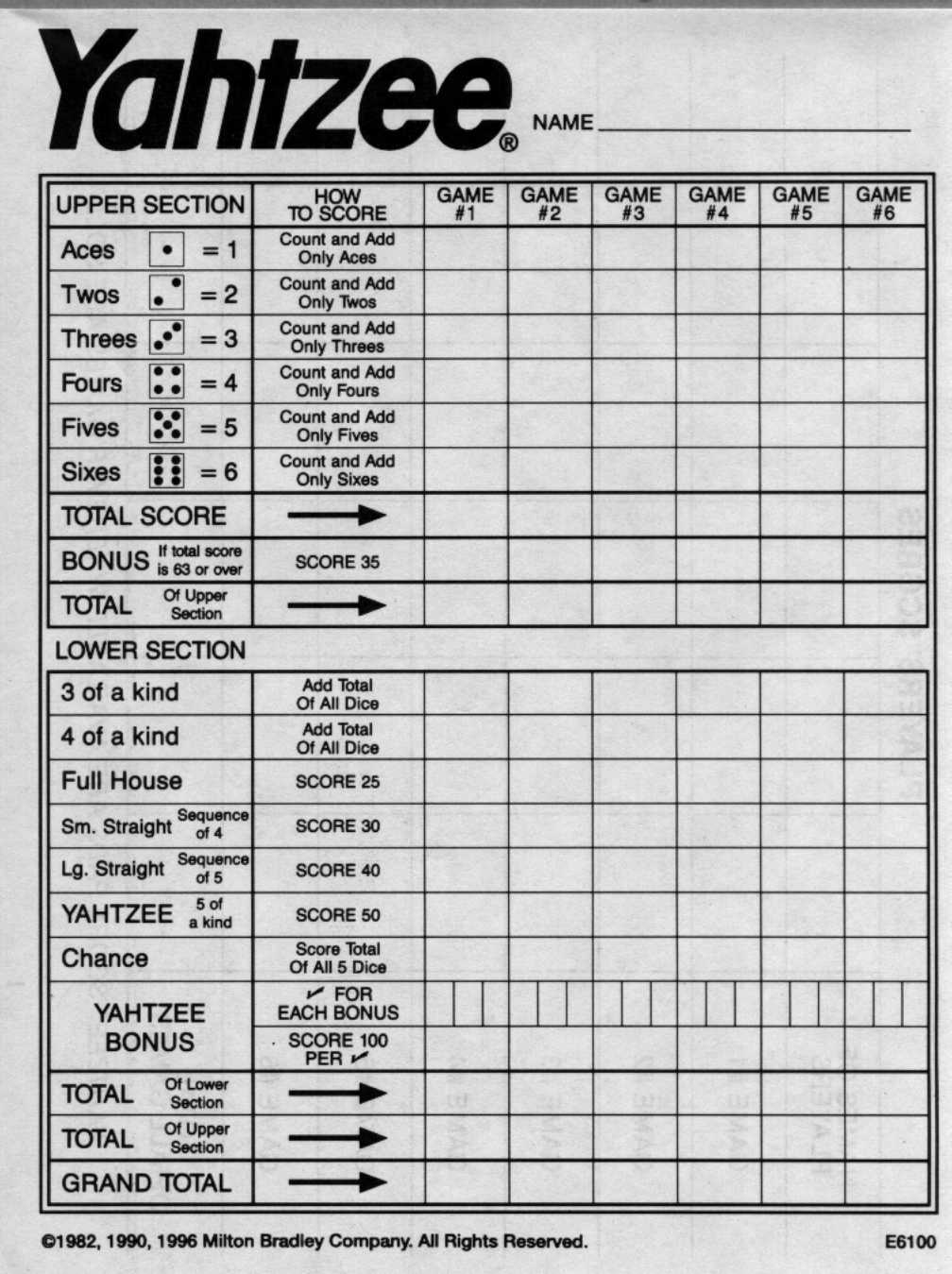 free printable yard yahtzee rules