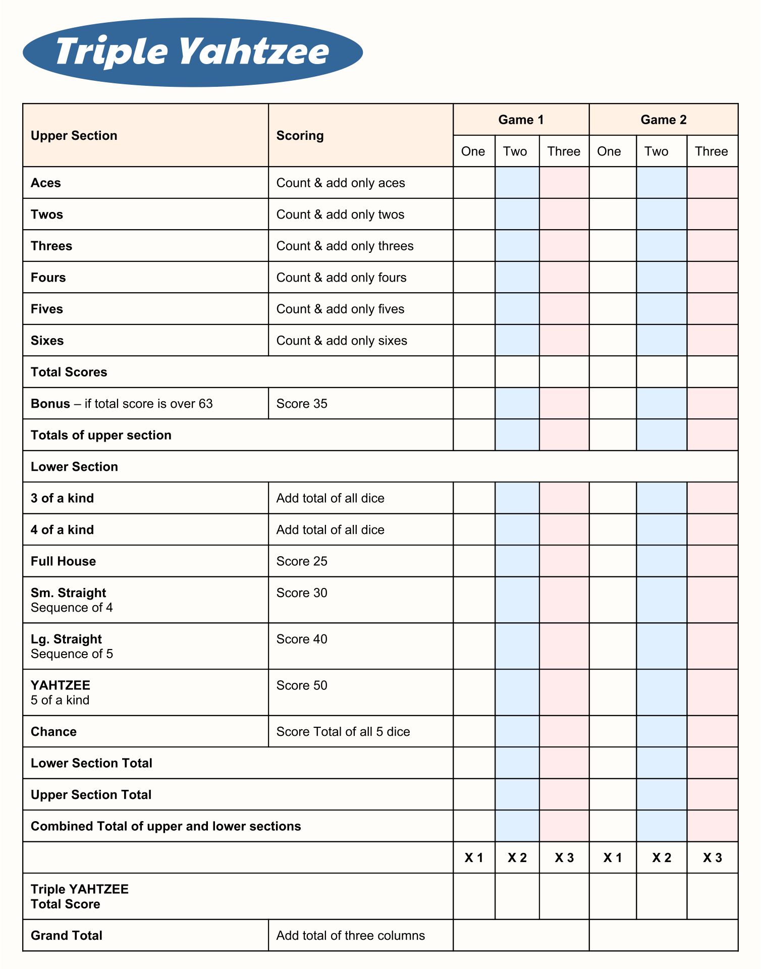 Yahtzee Score Card - Download and Print Free Yahtzee Score Sheets