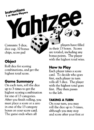 free printable yard yahtzee rules