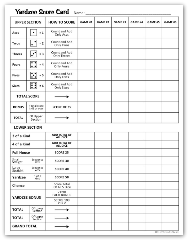 Yardzee Score Card Free Printable