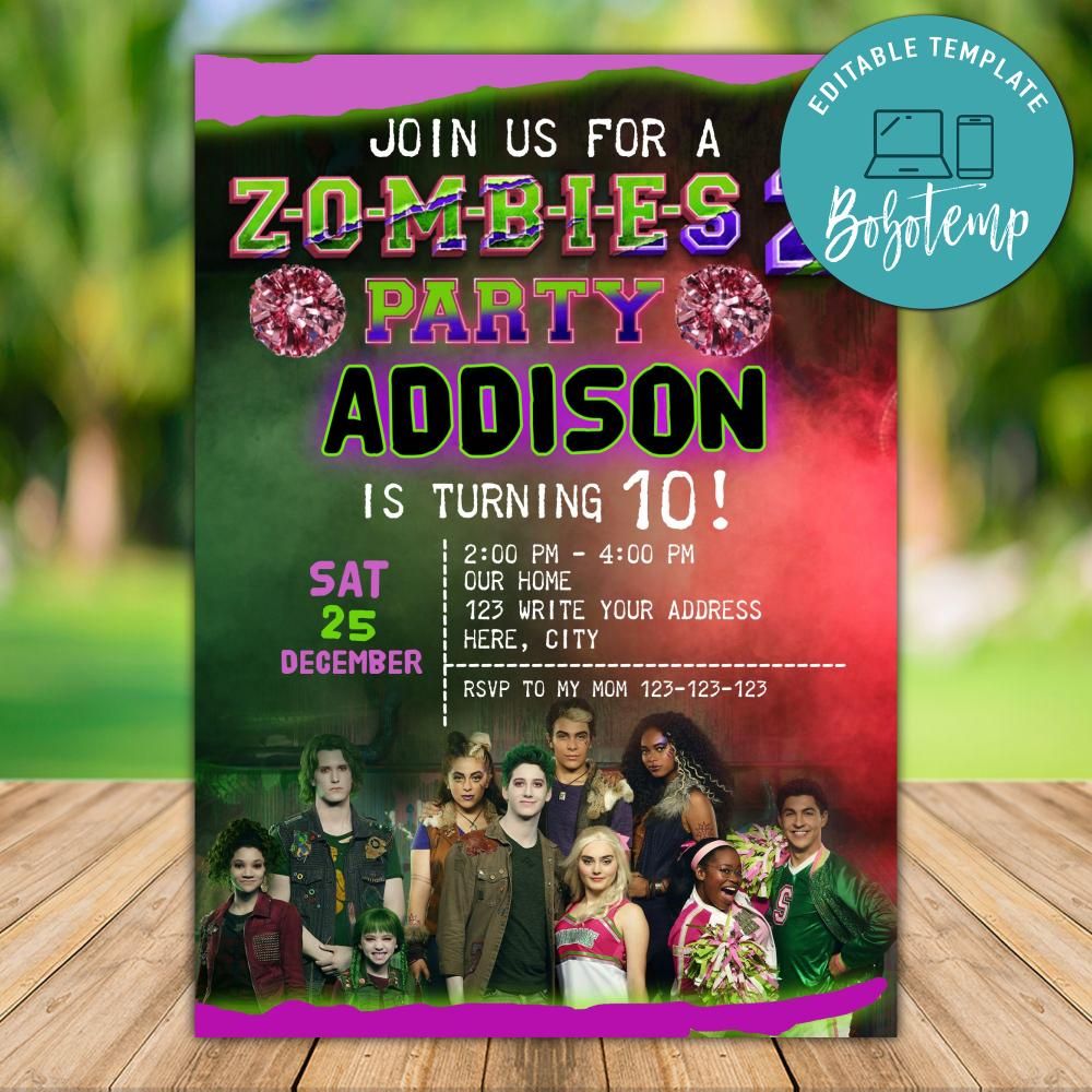Editable Disney Zombies 2 Birthday Invitation Instant Download ...