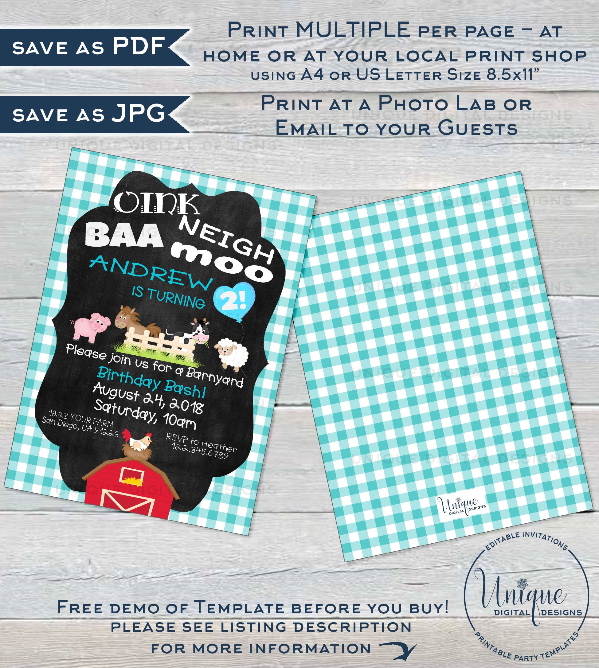 Farm Animal Birthday Invitation, Editable Boys Petting Zoo Birthday Pa