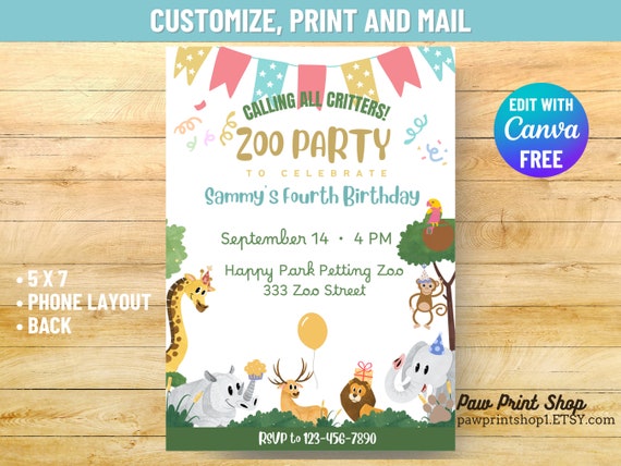 Zoo Birthday Printable EDITABLE DIGITAL DOWNLOAD Zoo Birthday ...
