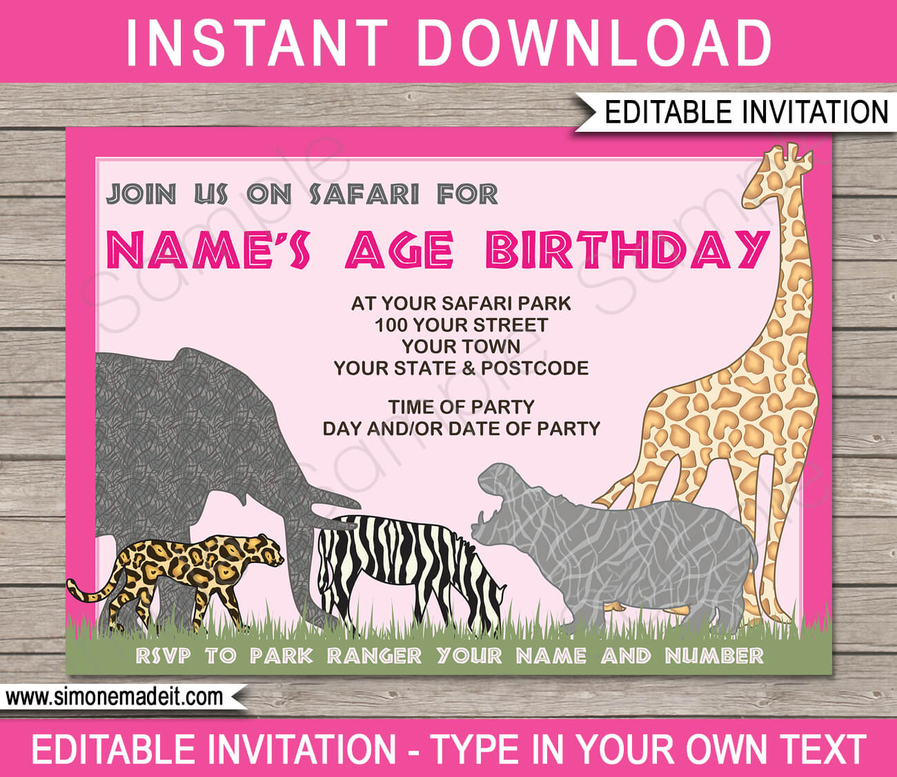 Safari Party Invitations Template- pink