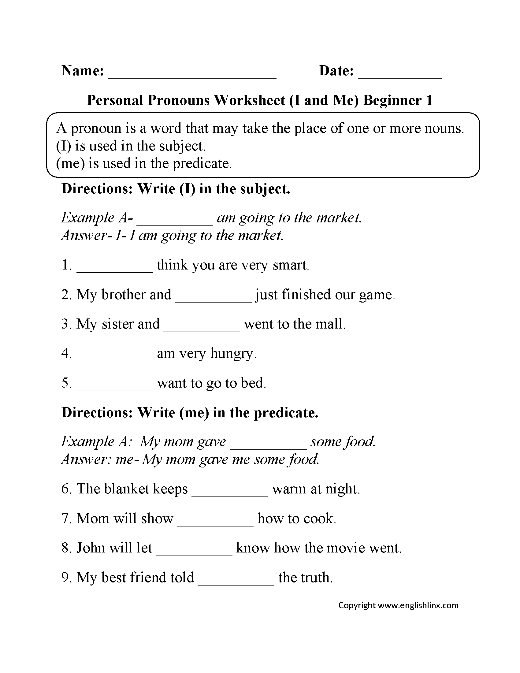 free pronoun worksheet for 2nd grade
