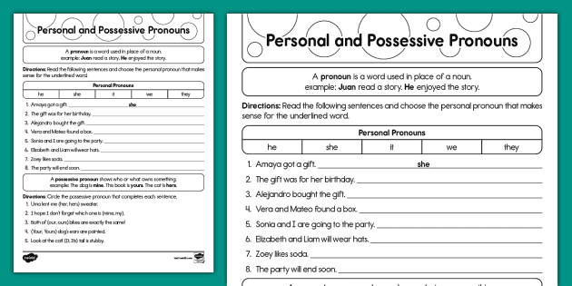 free pronoun worksheet for 2nd grade